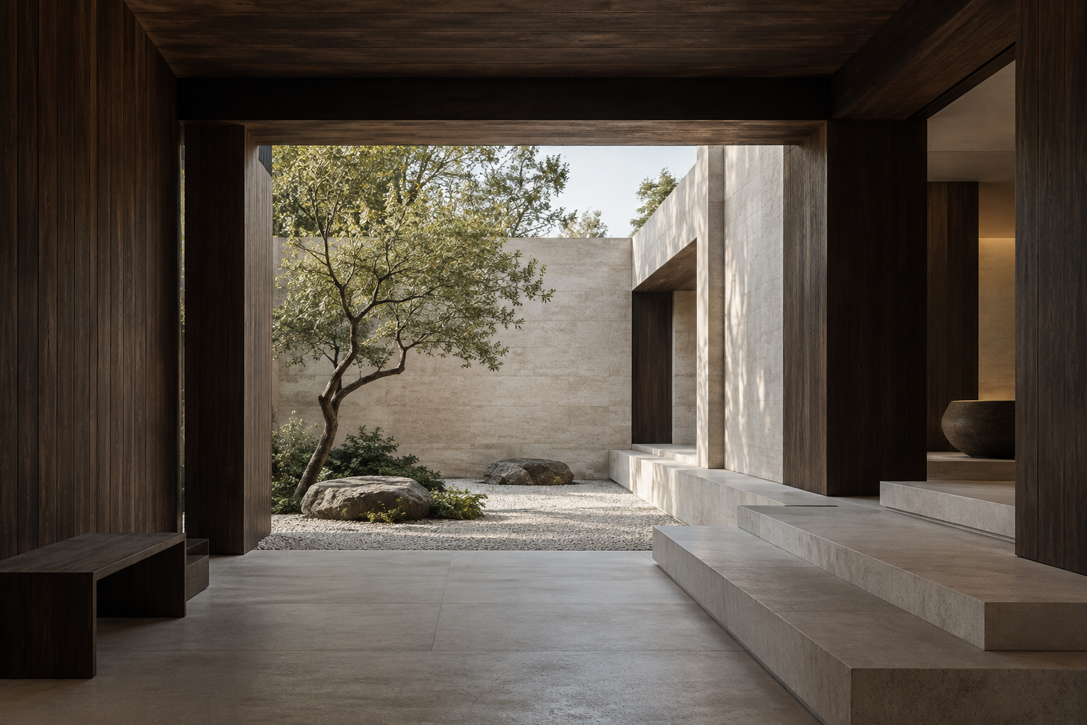Minimalist courtyard framed by dark timber, pale stone and soft natural light